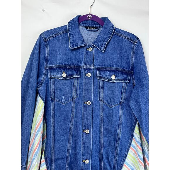 NWT J. NNA Women's Small Blue Denim W Woven Back Long Fringed Side Jean Jacket - Picture 9 of 10